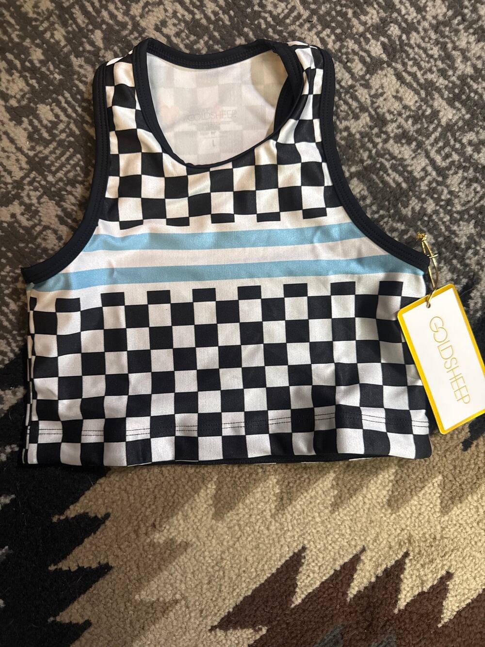 Goldsheep Checkered U-Bra Sports Bra NWT Black White Blue Stripe L Tween